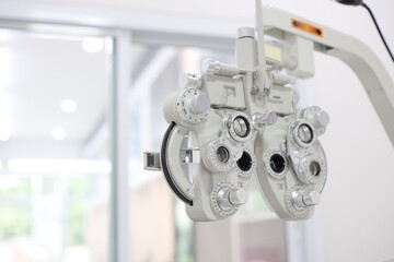 close up of a Phoropter eye exam in hospital 