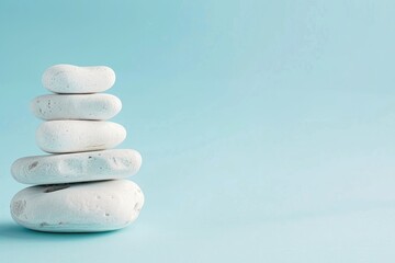 Photo of A stack of white rocks on light blue background symbolizing balance and tranquility for selfcare product advertising