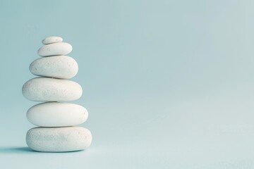 Fototapeta na wymiar Photo of A stack of white rocks on light blue background symbolizing balance and tranquility for selfcare product advertising