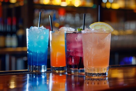 Row of colorful cocktail drinks on bar - Vibrant, refreshing alcoholic beverages lined on a dark bar with colorful backdrop, inviting a taste of nightlife