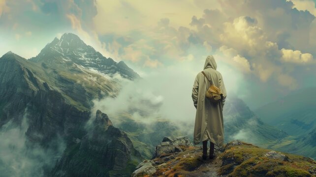 Solitary figure overlooking foggy mountains - An atmospheric image of a solitary figure standing on a summit, facing the vastness of foggy mountains and untamed nature