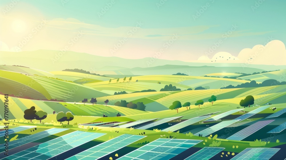 Poster a landscape with rolling hills and fields covered in rows of solar panels producing clean and renewa
