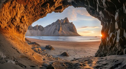 beautiful shot from inside an old brown cave viewing ocean and its waves coming to the beach on rocks and mountains during sunshine in the morning with the view of clouds and the sky - Powered by Adobe