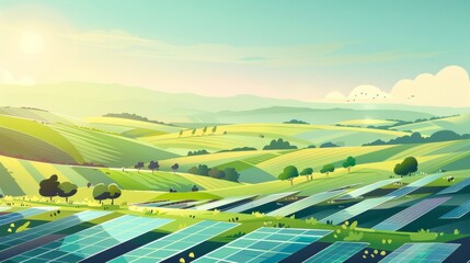 A landscape with rolling hills and fields covered in rows of solar panels producing clean and renewable energy. . .