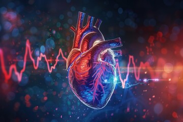 Human heart on dark background with cardiogram, Ai Generated