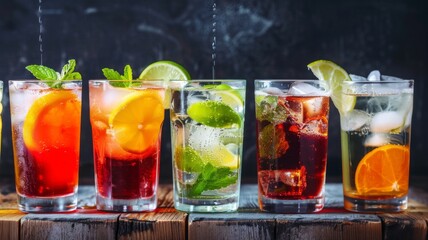 Variety of iced drinks on a wooden board - Five different refreshing cocktails on a rustic wooden surface with a dark background, denoting diversity - obrazy, fototapety, plakaty