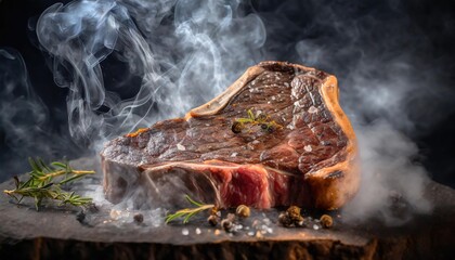 Sizzling Grilled Steak with Aromatic Herbs on Wooden Board