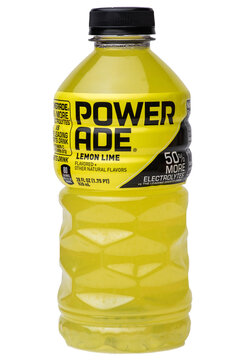Isolated Bottle of Powerade brand lemon lime sport drink on transparent background	