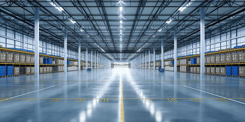 Futuristic view of a long corridor in a data center with server racks and LED lights