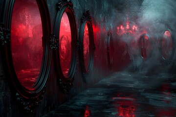 Crimson Secrets of the Shadowed Archways:An Eerie Monochromatic Journey into the Depths of the Surreal and Mysterious - obrazy, fototapety, plakaty