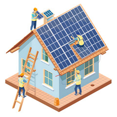 Solar panels installation on family house roof - obrazy, fototapety, plakaty