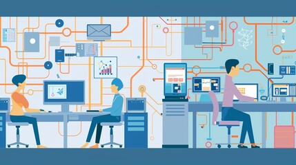 Creating interconnected systems to optimize performance , Minimalist cartoon style, no contrast, no people, clean sharp, clean sharp focus,