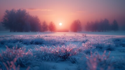 Ethereal Winter Wonderland Dusk Landscape with Glittering Frost-Covered Field and Silhouetted Trees