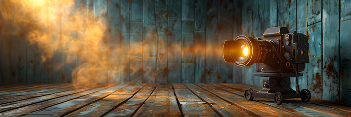 wooden table and floor,
Wooden Background with a Film Projector and Dramatic Lighting