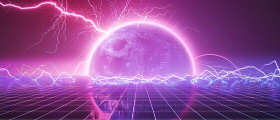 Abstract retro 80s styled futuristic landscape with purple neon sun or moon and lightning in digital space with shiny grid for party poster, flyer or mix cover