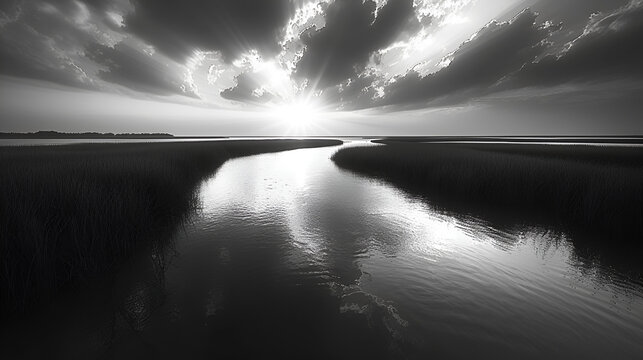 Coastal marsh- black and white photo - mysterious - elegant - unique - dramatic - inspired by the scenery of Charleston, South Carolina 