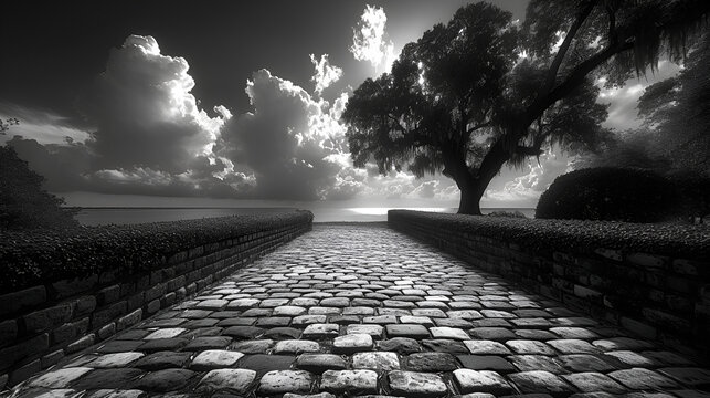 Coastal waterfornt home - cobblestone path - mature trees - black and white photo - mysterious - elegant - unique - dramatic - inspired by the scenery of Charleston, South Carolina 