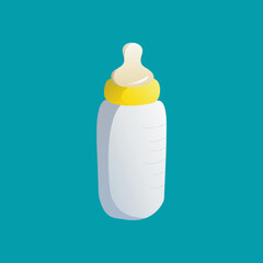 Realistic baby milk bottle. Bottle with handles for feeding newborn baby with pacifier nipple and blue cap 3d isolated on blue  background. Vector illustration
