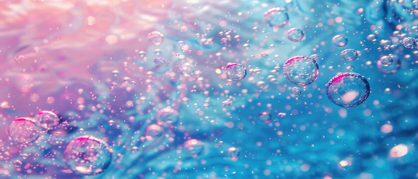 A captivating close-up image showcasing numerous small bubbles rising through water, tinted with a surreal pink and blue hue, creating an abstract underwater scene