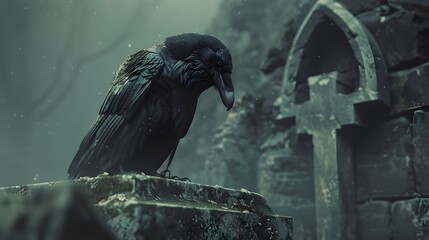 Fototapeta premium Raven Perched on Crypt in Mist-Shrouded Gothic Cemetery with Grim Industrial Edge