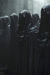 Shrouded Figures Beneath Blackened Mirrors Amid Midnight Rituals in Urban Chic Cinematic Style