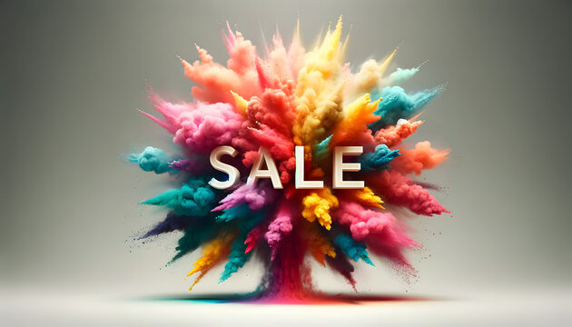 Colorful dust explosion in the background with the word 'SALE' prominently displayed