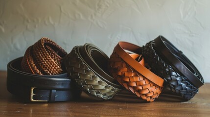 A set of woven leather belts in varying widths and colors ideal for cinching in a flowy dress or adding structure to a top. - obrazy, fototapety, plakaty