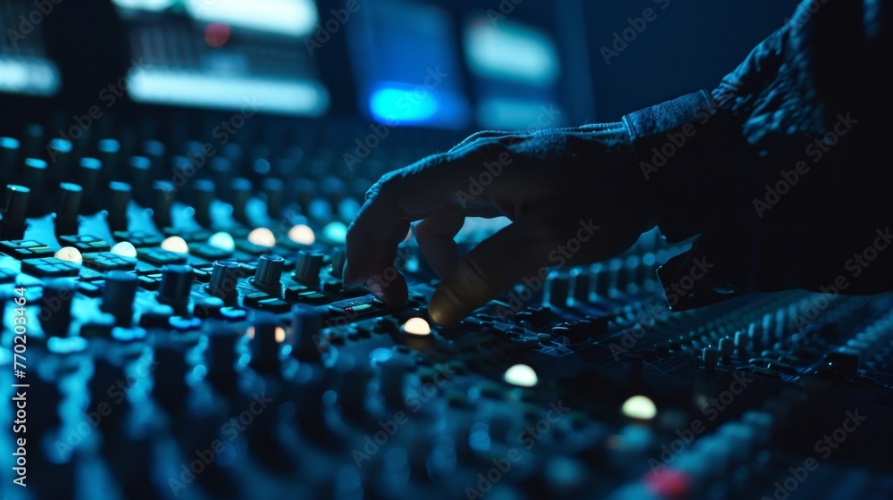 Poster a closeup of a sound engineer adjusting levels on a digital soundboard ensuring the perfect audio mi