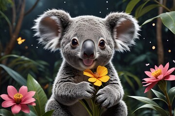 Illustration of a happy koala with a yellow flower - obrazy, fototapety, plakaty