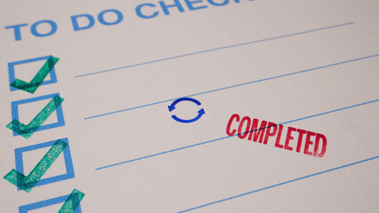 10 photo of to do checklist with green stamp checkmarks and a completed stamp