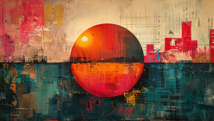 Abstract painting of the sun setting on an abstract cityscape, a large orange sphere in the center with a gradient from red to blue at the bottom and green paint splashes at the top. Created with Ai