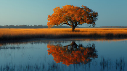 Fototapeta premium Coastal marsh - mature tree - mysterious - elegant - unique - dramatic - inspired by the scenery of Charleston, South Carolina 