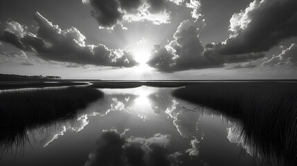 Fototapeta premium Coastal marsh -black and white photo - mysterious - elegant - unique - dramatic - inspired by the scenery of Charleston, South Carolina 