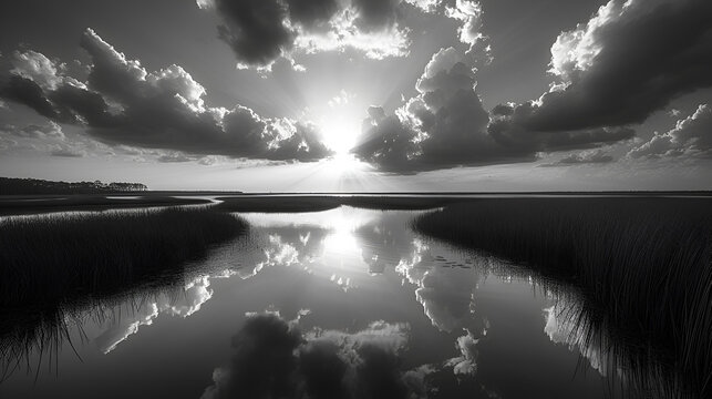 Coastal marsh -black and white photo - mysterious - elegant - unique - dramatic - inspired by the scenery of Charleston, South Carolina 