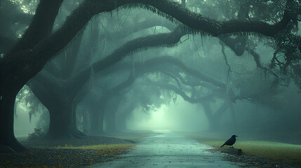 Coastal backroad - mature trees - black and white photo - mysterious - elegant - unique - dramatic - inspired by the scenery of Charleston, South Carolina  - obrazy, fototapety, plakaty