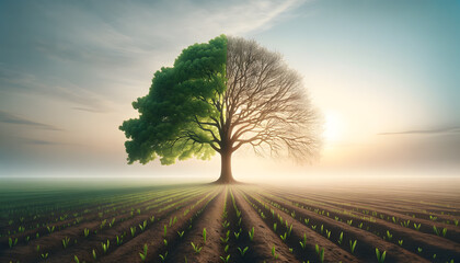 A tree with half its leaves lush and the other half bare, standing in a field at dawn. - obrazy, fototapety, plakaty