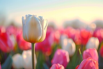 Close-up of tulip on a floral field background - obrazy, fototapety, plakaty