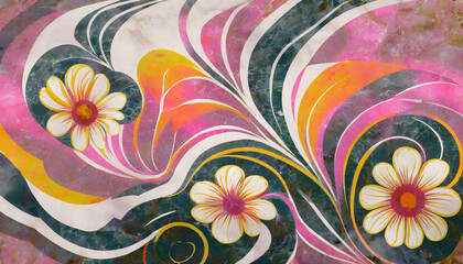 Psychedelic 60s Flower Power with Marble Swirls background marble. Generative AI.
