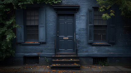Blue building and blue door - stylish design and decor - front door - entryway - obrazy, fototapety, plakaty