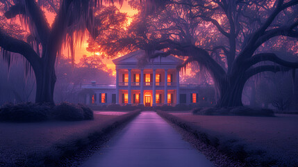 Fototapeta premium Southern plantation house - golden hour - sunset - inspired by the scenery of Charleston, South Carolina, mansion, estate