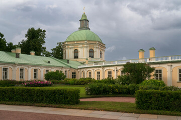 Fototapeta na wymiar View of the side West Pavilion (Church Pavilion) of the Great (Menshikov) Palace in the Oranienbaum Palace and Park Ensemble on a sunny summer day, Lomonosov, Saint Petersburg, Russia