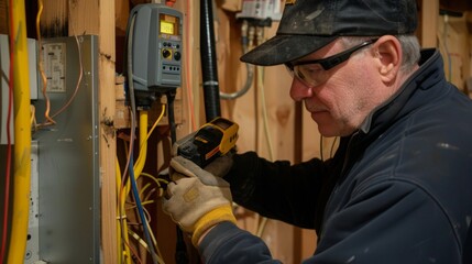 Electrician using a multimeter to test wiring in a residential electrical panel. - obrazy, fototapety, plakaty