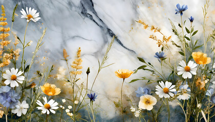 Summer Wildflower Marble Meadow background marble. Generative AI. - obrazy, fototapety, plakaty