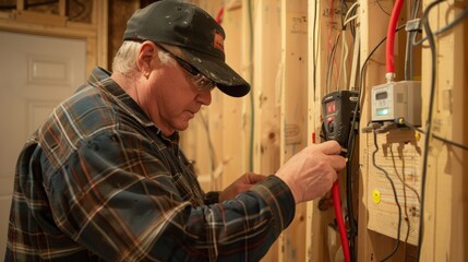 Electrician using a multimeter to test residential wiring during a house construction. - obrazy, fototapety, plakaty