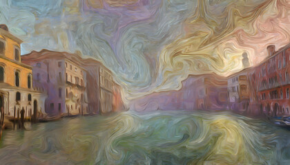 Venice Canals Romantic Glow in Oil Paint background marble. Generative AI.