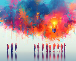 Conceptual minimalist illustration of men and women engineers collaborating on innovative projects, vibrant colors.