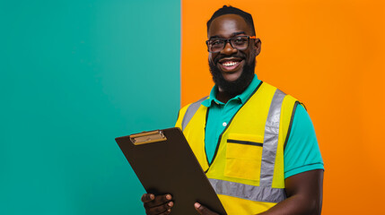 A black ethnicity person wearing a reflective vest, holding a clipboard doing a survey, smiling and looking into camera. - Powered by Adobe