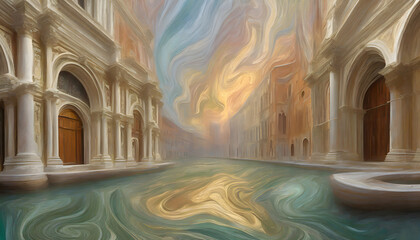 Venice Canals Romantic Glow in Oil Paint background marble. Generative AI.