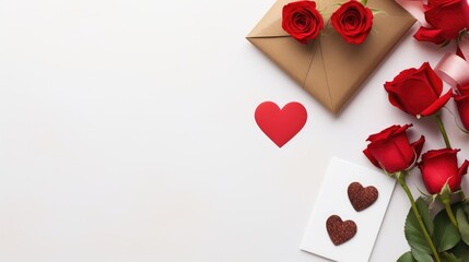Fototapeta na wymiar Minimalist flat lay of red roses and heart shapes, a Valentine's Day card, romantic and simple
