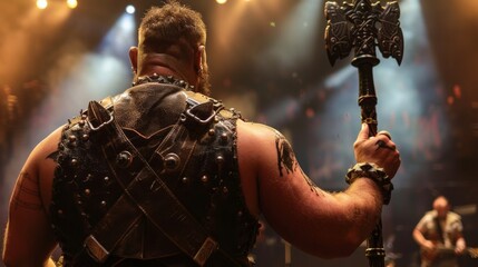 A burly man in a leather vest stands with back to the camera hands gripping the handle of an intricately decorated sword. . .